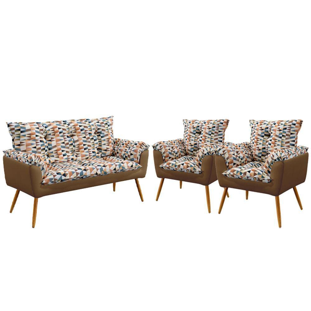 Poltrona Namoradeira e 2 Poltronas Opala F-014 Sued Estampado Bege com Sued Aradecor