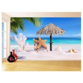 Papel De Parede 3D Praia Areia Estrelas Mar Céu 3,5M Npr335
