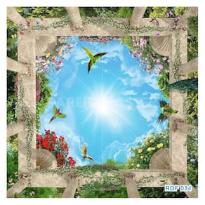 Papel De Teto Céu Azul Nuvens Moldura Impressa 3,5M Rof34
