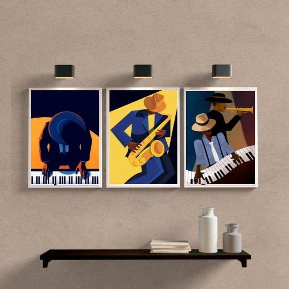 Kit 3 Quadros Músicos Piano e Saxofone 33x24cm - Madeira