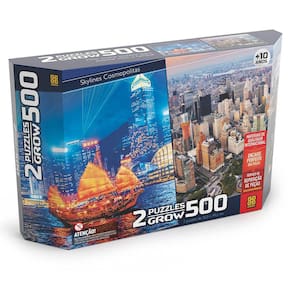 Quebra-Cabeça Duplo - 500 peças - Skylines Cosmopolitas - Hong Kong e New York - Grow