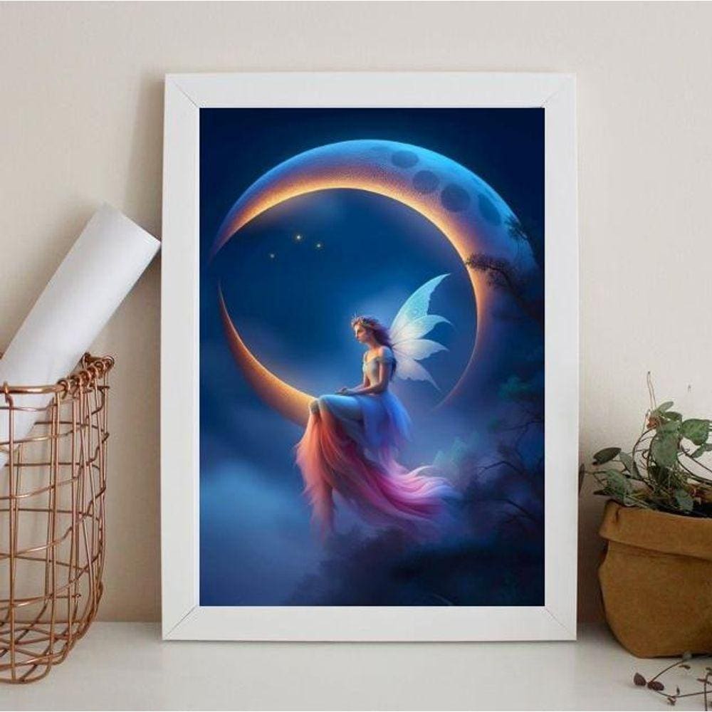 Quadro Fada com Lua 33x24cm - Madeira Branca