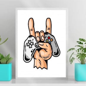 Quadro Gamer Mão c/ Controle Joystick 45x34cm - c/ Vidro