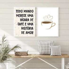 Kit 2 Quadros Café e Amor 24x18cm - Vidro e Moldura Branca