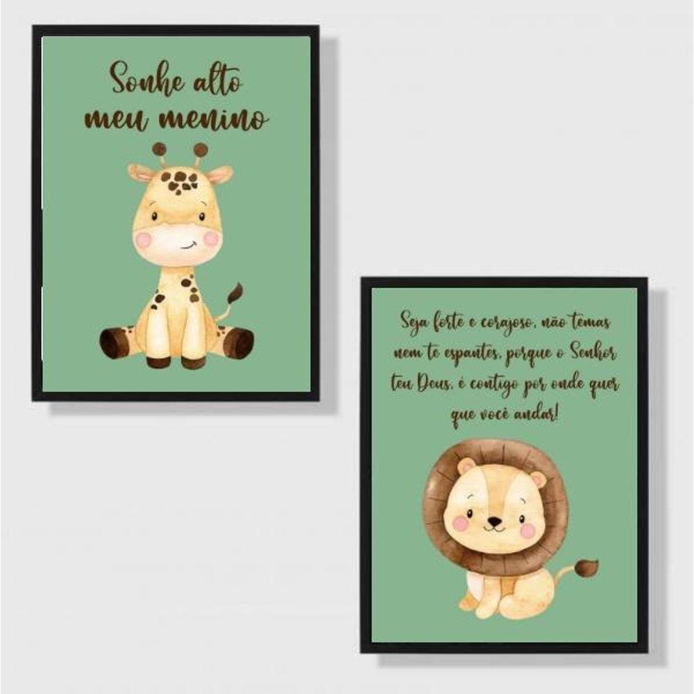 Kit 2 Quadros Infantil Tema Safari Sonhe 24X18Cm Vidro Preta