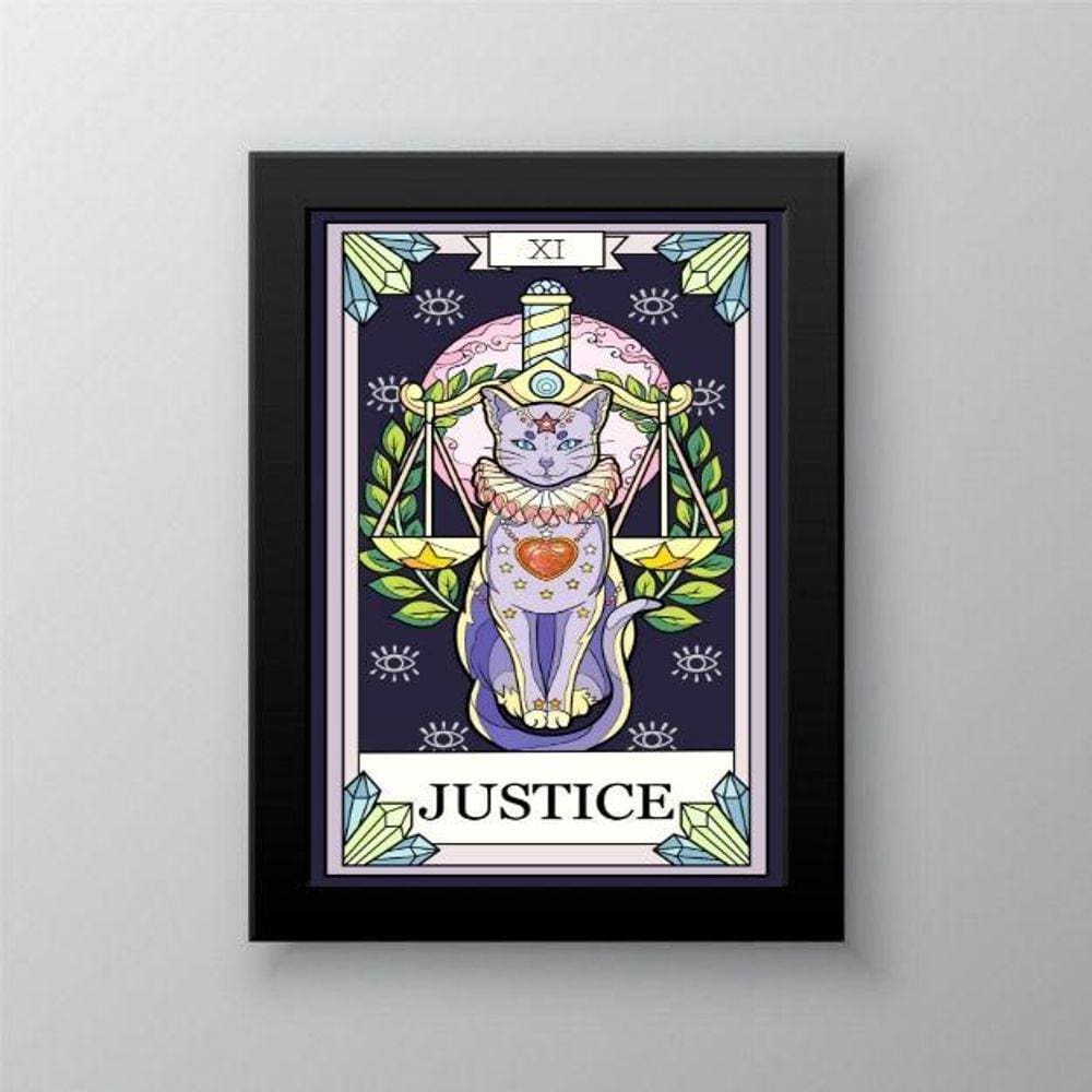 Quadro Tarot Justiça Gato 33x24cm - Moldura Branca