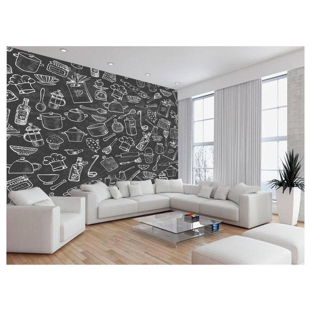 Papel De Parede Estilo Lousa Cozinha Utensílio 3,5M Lcb25
