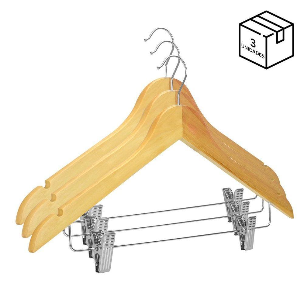 Kit 3 Cabides Madeira c/ Presilhas e Gancho - Alta Qual.