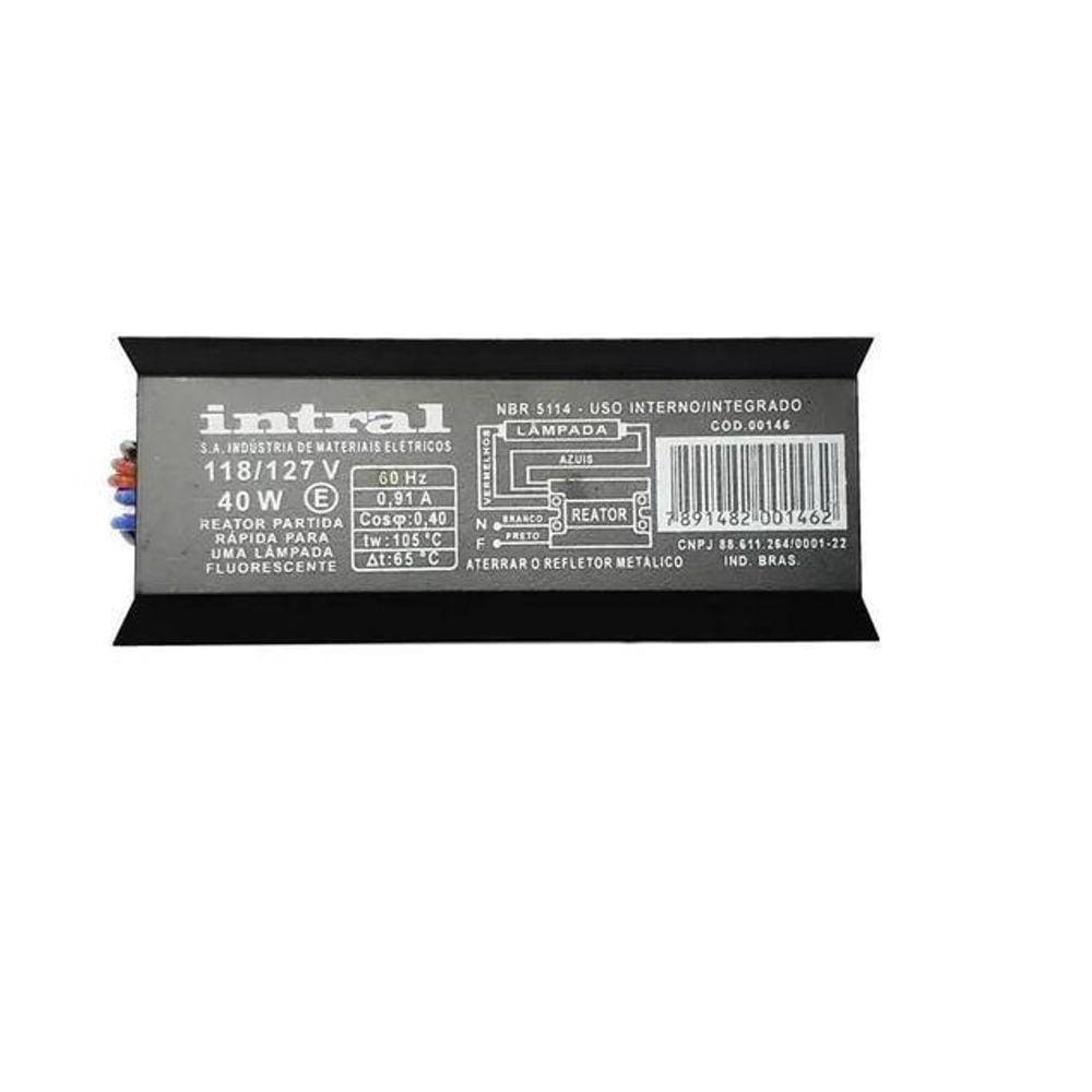 Reator Magnético Uma Lâmpada Fluorescente 40W 127V Intral