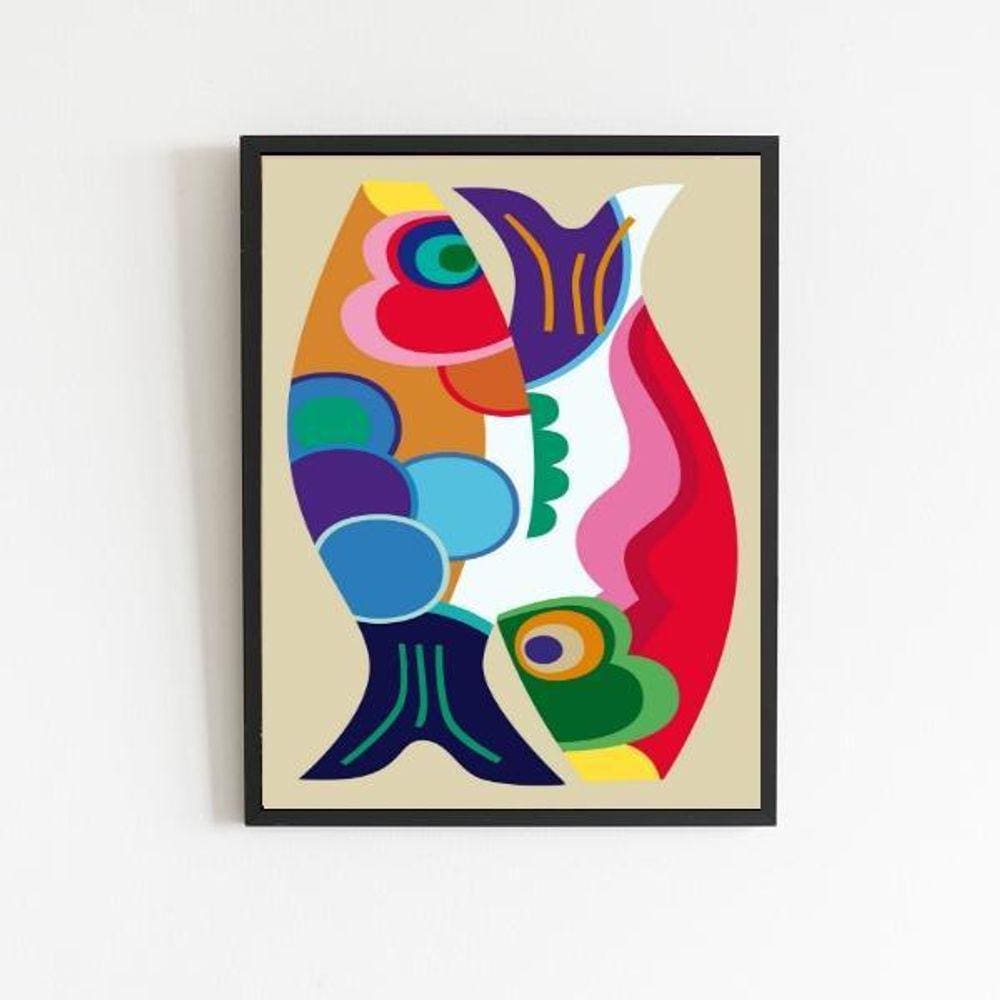 Quadro Peixes Abstratos 45x34cm Decoração Quarto Vidro Preta