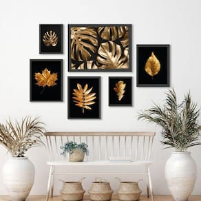 Kit 6 Quadros Folhas Douradas - Decoração Vários Ambientes