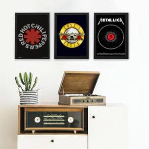 Kit 3 Quadros Rock 45x34cm - Vidro e Moldura Preta