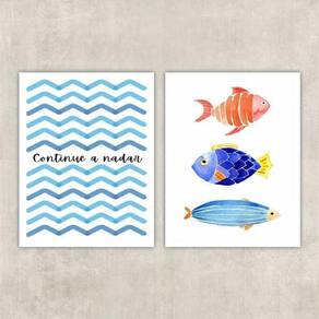 Quadros Peixes Continue Nadar 45x34cm - Kit 2