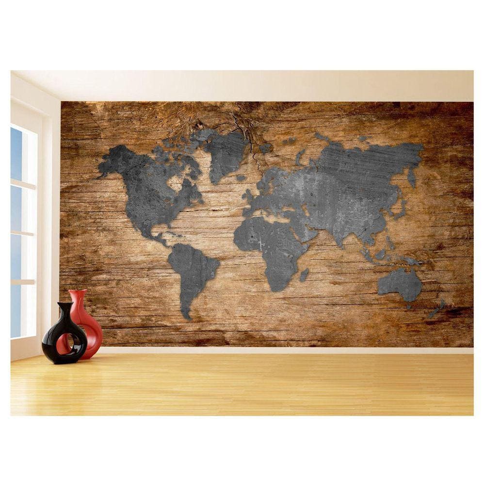 Papel De Parede 3D Mapa Mundi Madeira Concreto 3,5M Nmu23