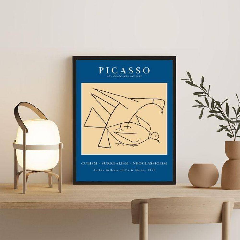Quadro Picasso Azul Mulher e Pássaro - 45x34cm
