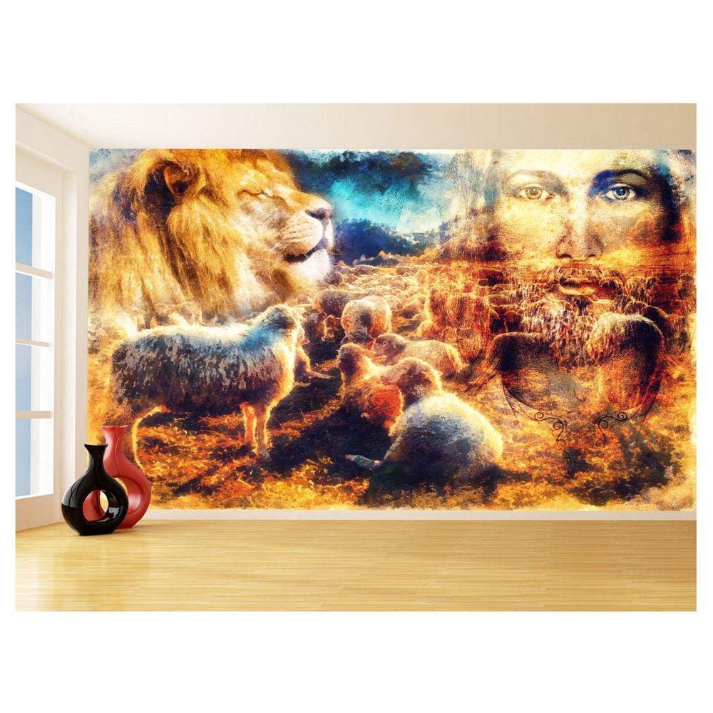 Papel De Parede 3D Religioso Jesus Rebanho Ovelha 3,5M Rl84