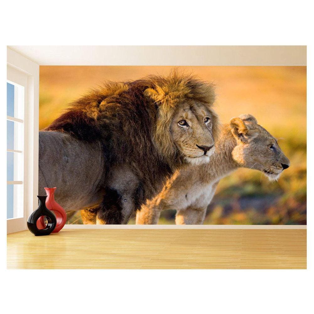 Papel De Parede 3D Animais Leão Família Casal 3,5M Anm535
