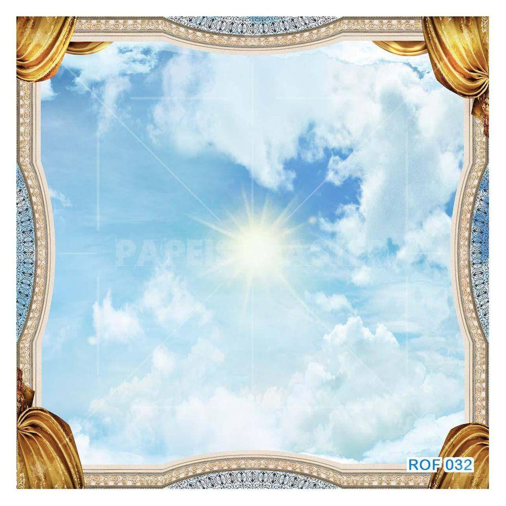 Papel De Teto Céu Azul Nuvens Moldura Impressa 3,5M Rof32