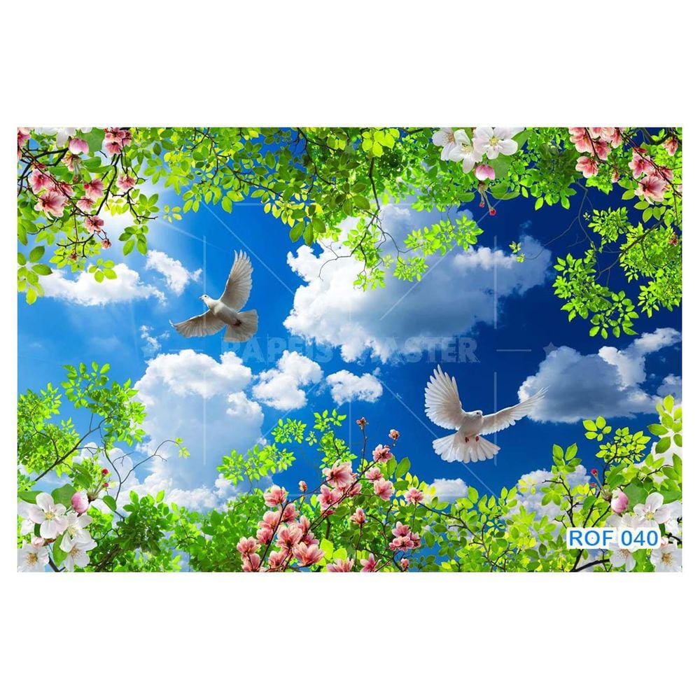 Papel De Teto Céu Azul Nuvens Flores Pombas 3,5M Rof40