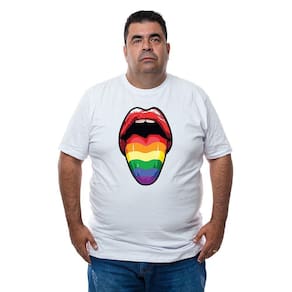 Camiseta Plus Size Masculina Algodao Estampa Boca Colorida LGBT Com Abridor De Garrafas Integrado