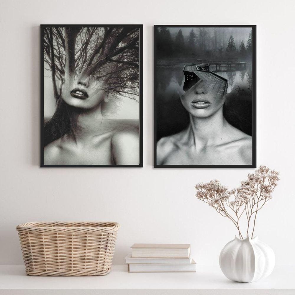 Kit 2 quadros fotográficos abstratos mulher natureza 33x24cm