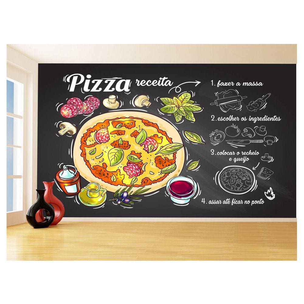 Papel De Parede Estilo Lousa Pizza Ingrediente 3,5M Lcb01