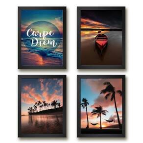 Kit 4 Quadros Praia Por do Sol Carpe Diem 33x24cm - Branco