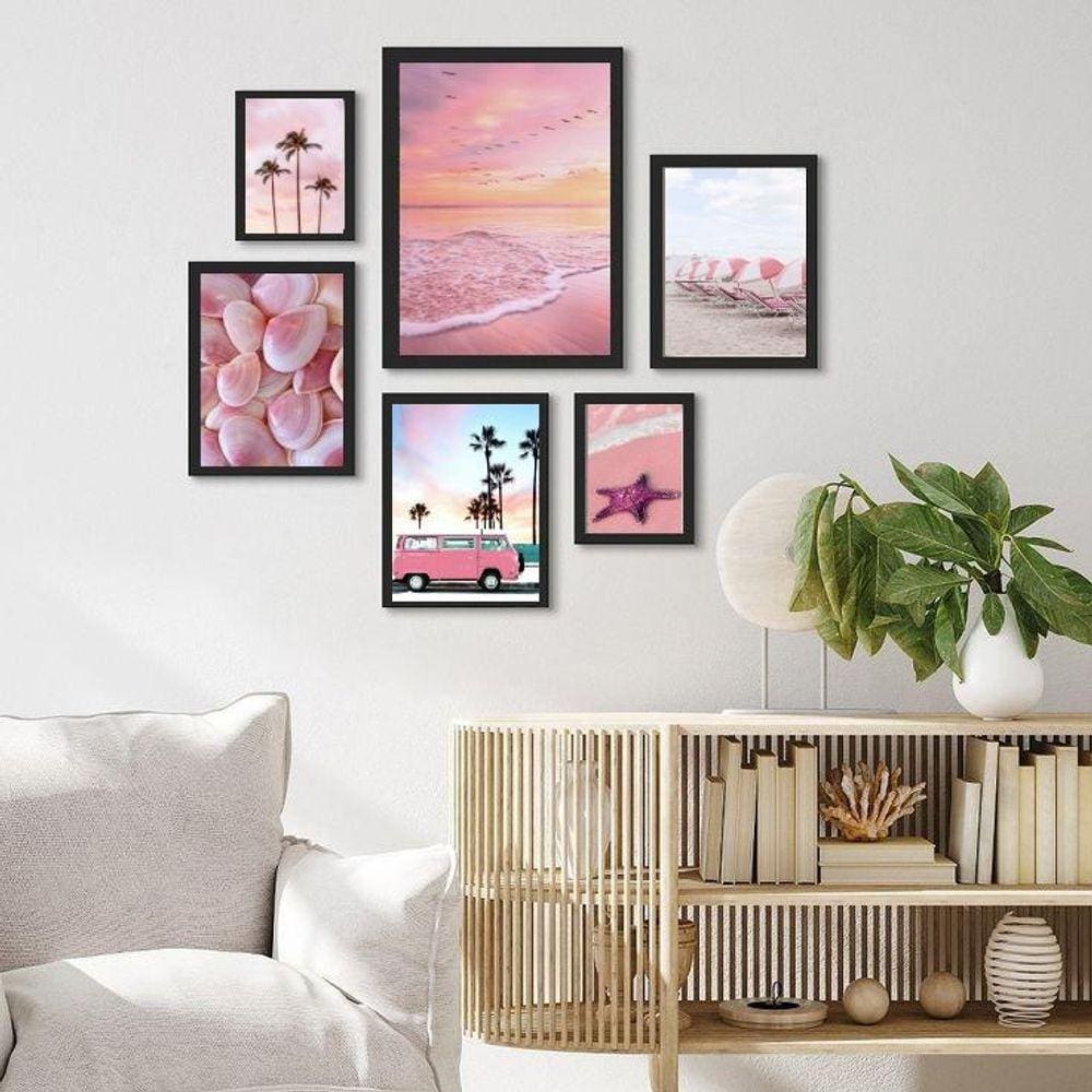 Kit 6 Quadros Praia Rosa - Moldura Preta com Vidro