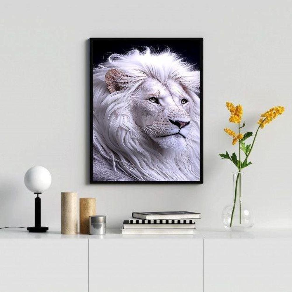 Quadro Decorativo Leão Branco 33x24cm - Moldura Branca