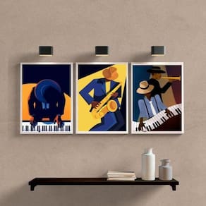 Kit 3 Quadros Músicos Piano/Saxofone 45x34cm - Moldura Preta