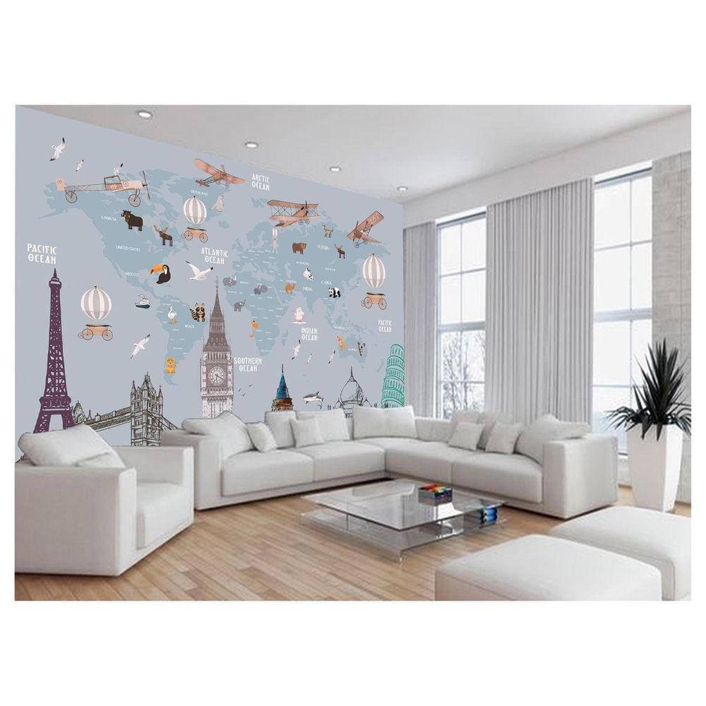 Papel De Parede 3D Mapa Mundi Kids Avião Balão 3,5M Nmu94