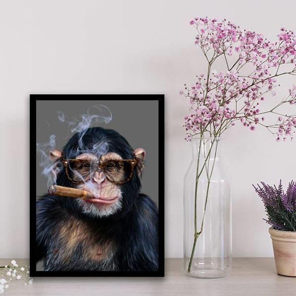 Quadro Chipanzé Hipster 24X18Cm Com Vidro Madeira Preta