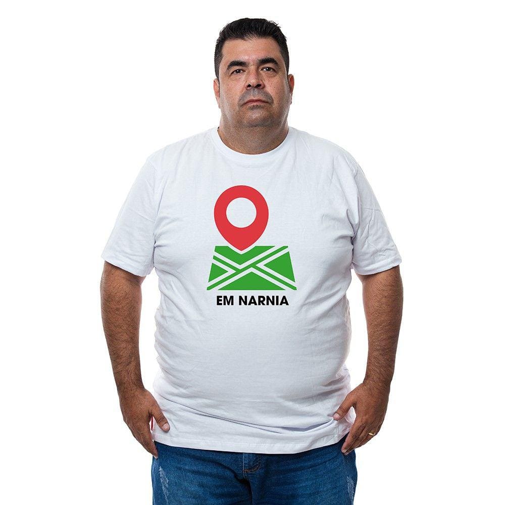 Camiseta Masculina Plus Size Algodao Manga Curta Frase Localizaçao Em Narnia Com Abridor De Garrafa