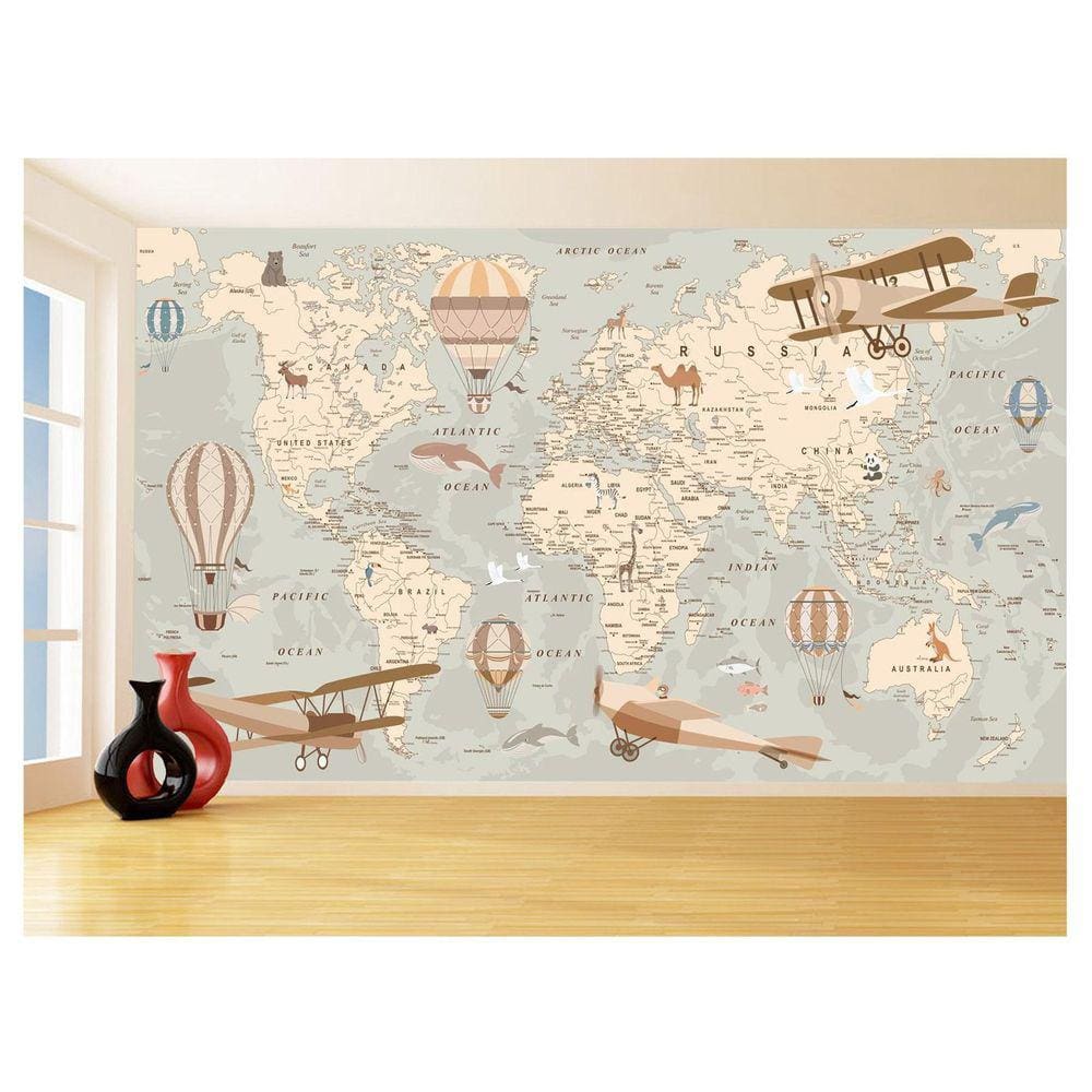 Papel De Parede 3D Mapa Mundi Kids Avião Balão 3,5M Nmu93