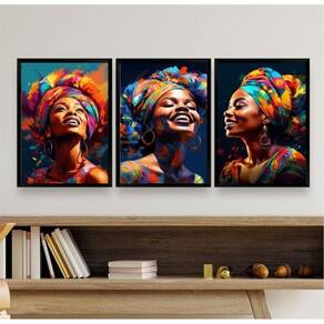 Kit 3 Quadros Arte Africanas Turbante 33x24cm Madeira Branca