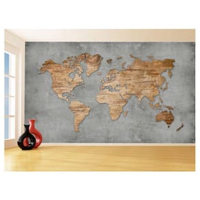 Papel De Parede 3D Mapa Mundi Madeira Concreto 3,5M Nmu31