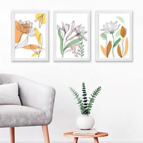 Kit 3 Quadros Decorativos Flores Aquarela 33x24cm - Branco