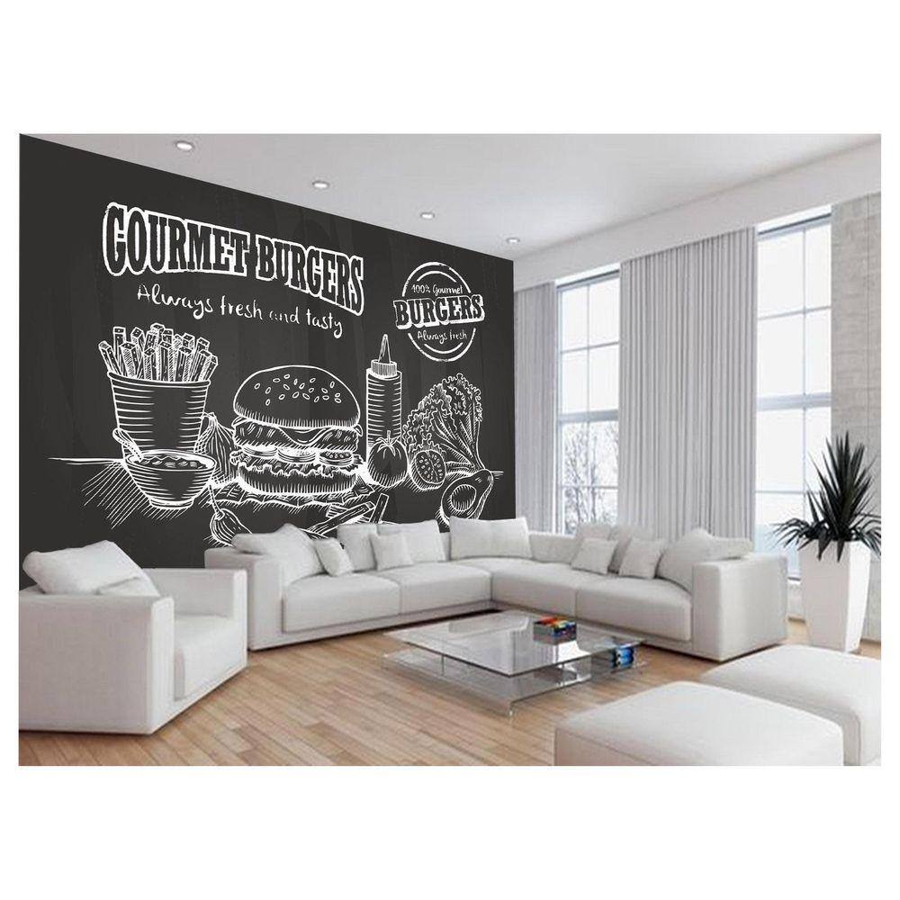 Papel De Parede 3D Estilo Lousa Lanches Comidas 3,5M Lcb35