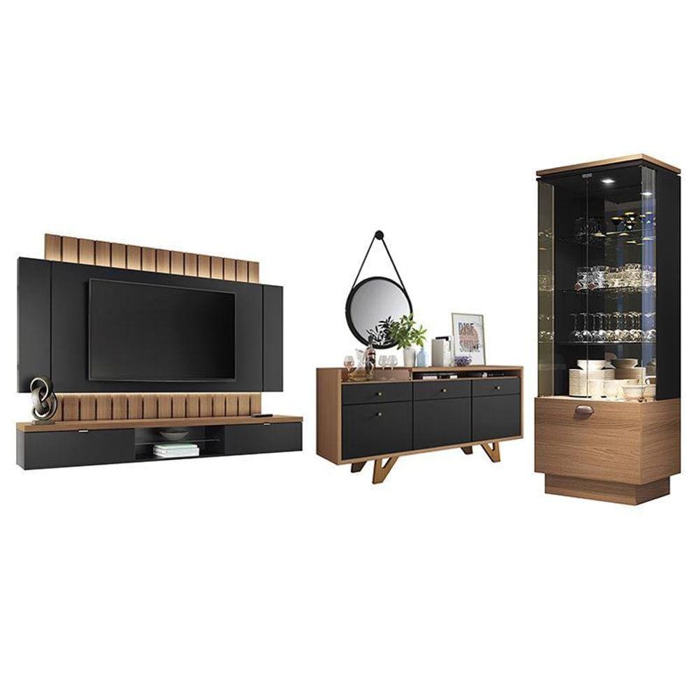 Sala de Estar Diamante Home Suspenso 2.2, Buffet Aparador, Cristaleira e Espelho - PR Móveis