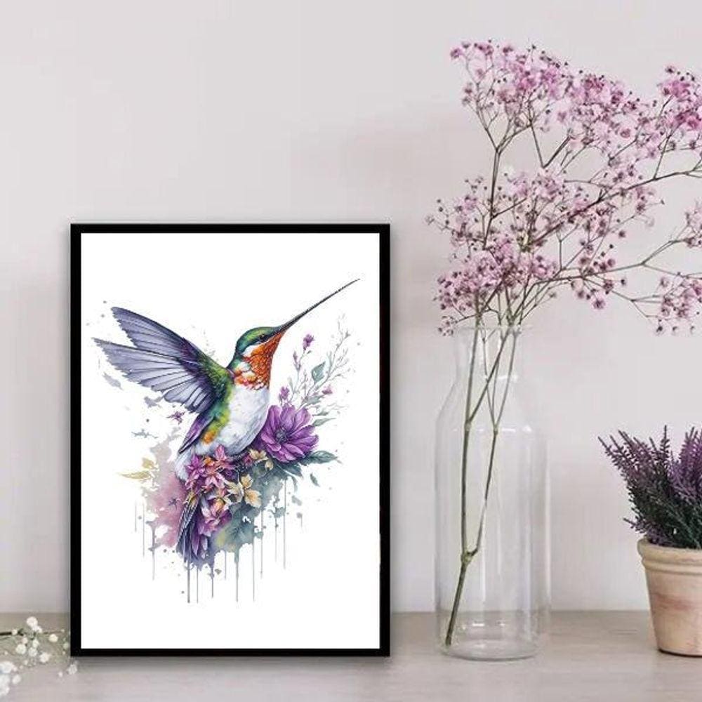 Quadro Decorativo Floral Beija-Flor Aquarela 33x24cm