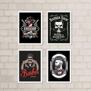 Kit 4 Quadros Decorativos Barbearia 45x34cm - Madeira Preta