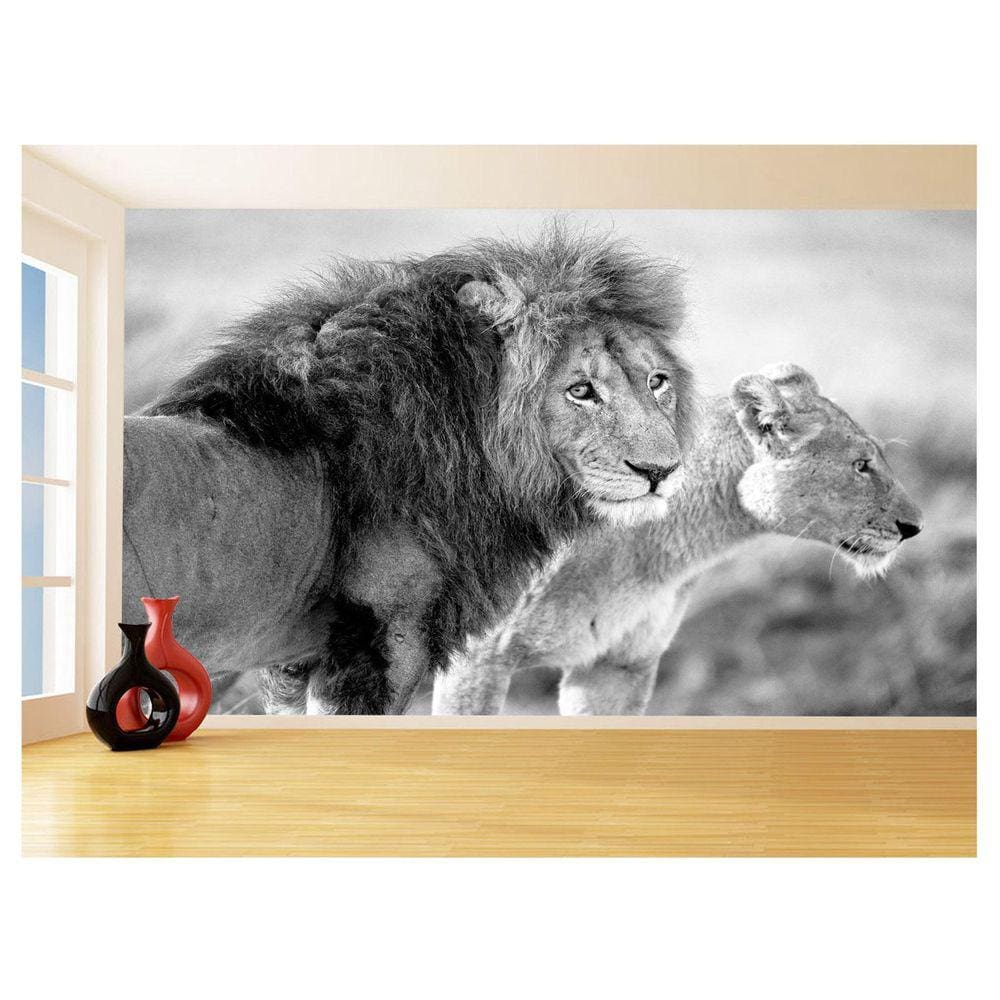 Papel De Parede 3D Animais Leão Família Casal 3,5M Anm521