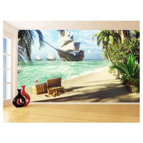 Papel De Parede 3D Coqueiros Praia Navio Pirata 3,5M Npr303