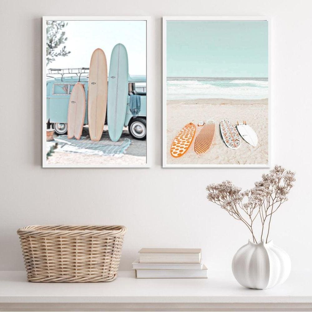 Kit 2 Quadros Praia Soft Pranchas Surf 24x18cm - Vidro