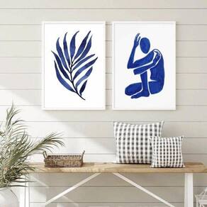 Quadros azul marinho abstrato folha homem 45x34cm - vidro