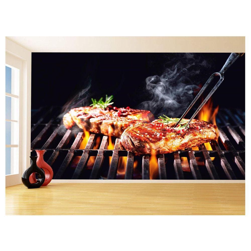 Papel De Parede Alimentos Carne Churrasco Fogo 3,5M Al277