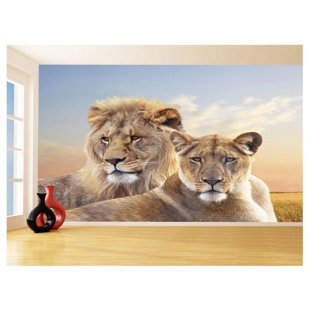 Papel De Parede 3D Animais Leão Família Casal 3,5M Anm507