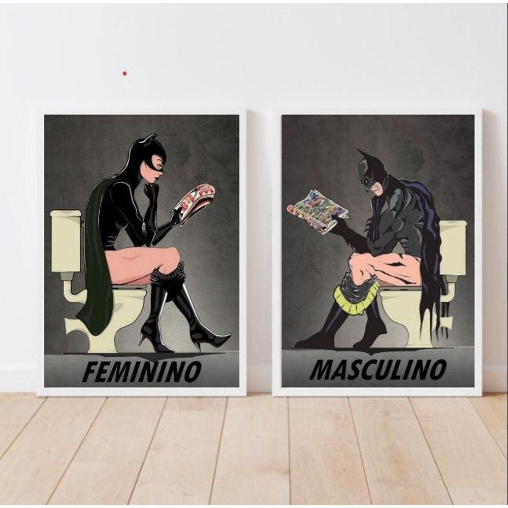 Kit 2 Quadros Banheiro M/F 45x34cm Madeira Branca