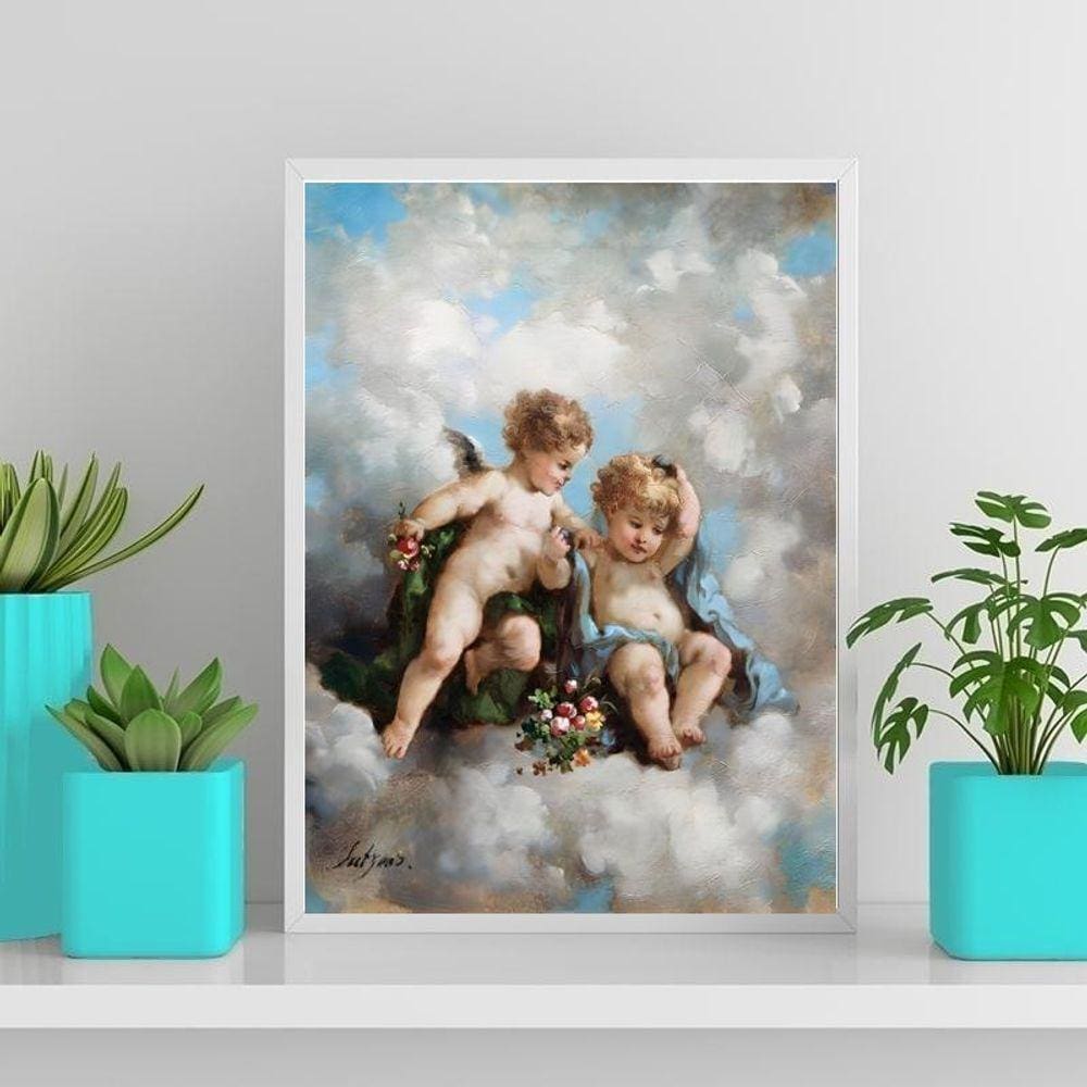 Quadro Decorativo Anjinhos Querubins 33X24Cm Com Vidro Preto