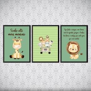 Kit 3 Quadros Tema Safari Infantil Sonhe Alto 33X24Cm
